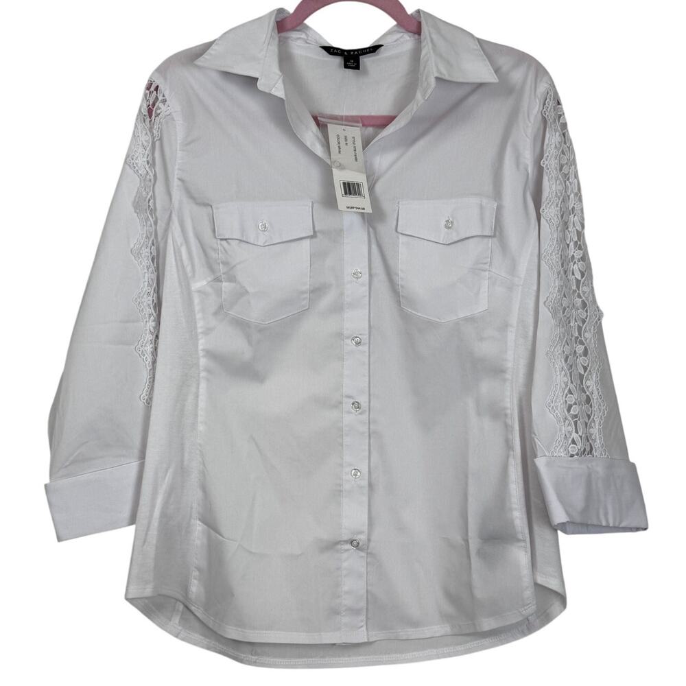 Zac & Rachel White Lace Sleeve Button Down Blouse Medium NWT Career Chic